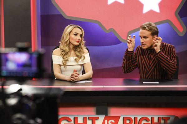 Two blondes - a man and a woman - sit behind a news desk for a show called Right is Right