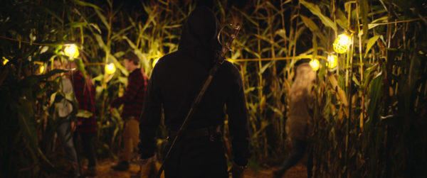 An armed figure in black walks into a corn maze