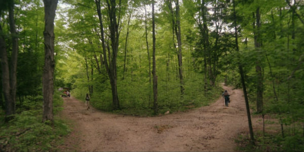 Two people walk down separate forks in the road