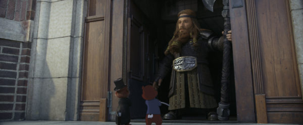 Two animated chipmunks stand in front of a computer generated Viking Dwarf