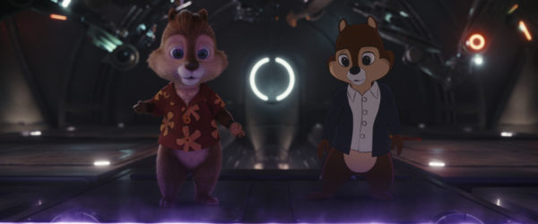 Photorealistic computer animated chipmunk Dale (L) stands next to traditional cel animated Chip (R)