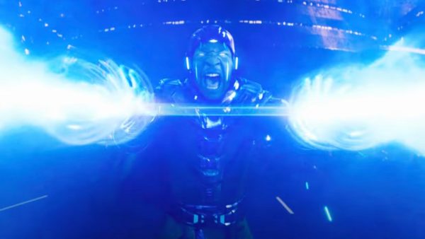 Jonathan Majors as Kang, blasting blue energy