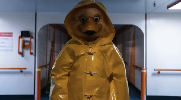 A killer in a rubber duckie costume, wearing a yellow rain jacket