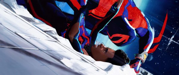 Spider-Man 2099 (Oscar Isaac) presses down on Miles Morales (Shameik Moore)