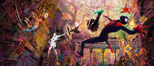 A visual development image featuring Pavitr Prabhakar, aka Spider-Man India, Gwen Stacy and Miles Morales fighting The Spot in the city of Mumbattan on Earth-50101 - a kaleidoscopic hybrid of Mumbai and Manhattan