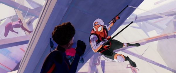 Sun Spider, a Spider-Person on crutches, speaks to Miles Morales in Spider-Man: Across the Spider-Verse