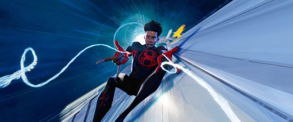 Miles Morales flings webbing towards the camera on an out of control train