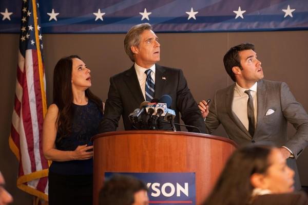 It came from the sky! Victoria (Madeleine Stowe), Conrad (Henry Cznery) and Daniel (Josh Bowman) witness the destruction of Grayson Global in Revenge 2x21