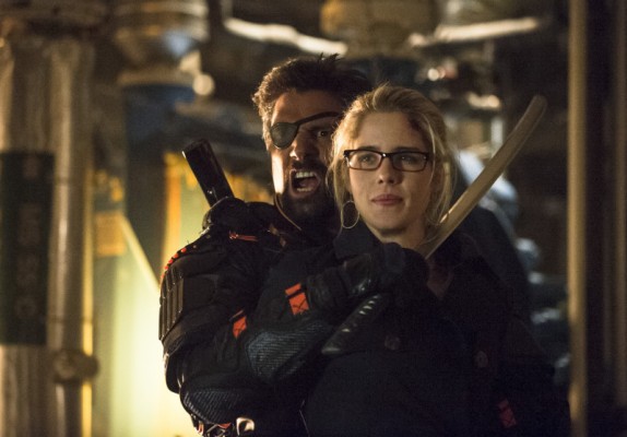 "I will totally cut her with this plastic kitana!" Slade (Manu Bennett) doesn't realize Felicity (Emily Bett Rickards) is the real hero in the Arrow season finale