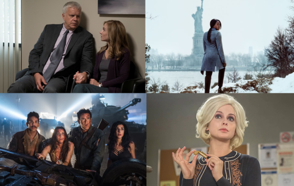 Stills from Here and Now, Seven Seconds, iZombie and Ash vs Evil Dead (Clockwise)