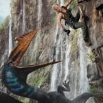 A blonde woman rapelling down a cliffside (r) as an angry flying dinosaur opens its beak at her