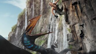 A blonde woman rapelling down a cliffside (r) as an angry flying dinosaur opens its beak at her